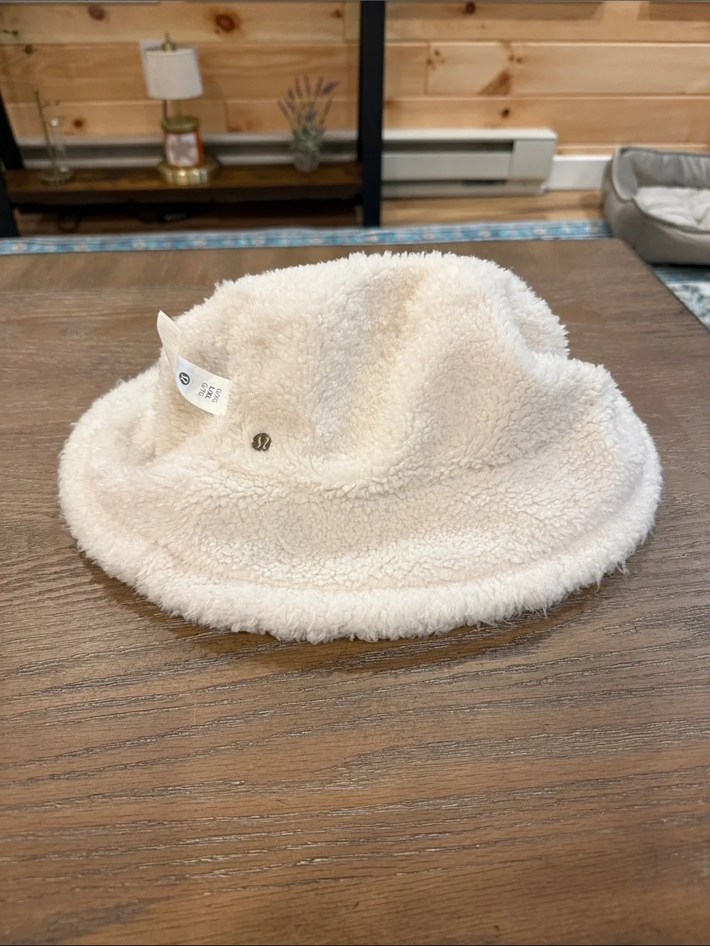 Lululemon camel color Bucket Hat with White Faux-Sherpa Trim